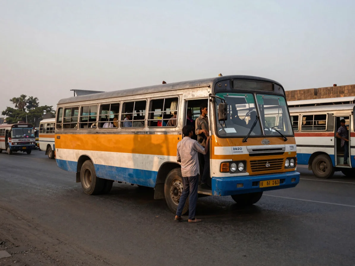 Documentary photo of passengers boarding a colorful local bus on