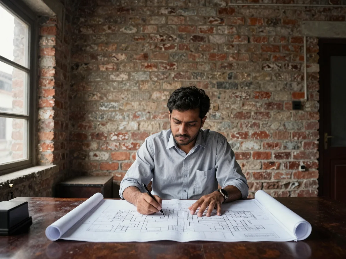 Documentary photo of an architect reviewing blueprints inside a r