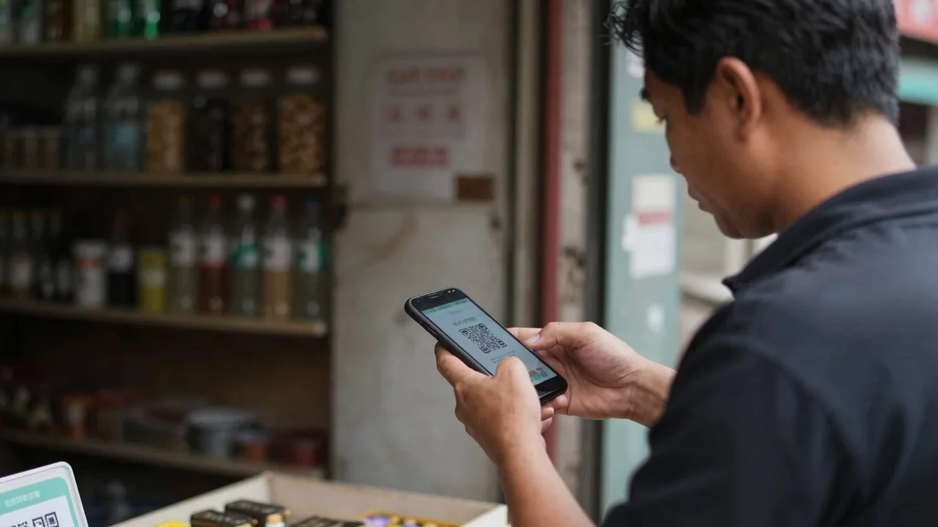 Documentary shot of a shopkeeper scanning a digital QR payment co