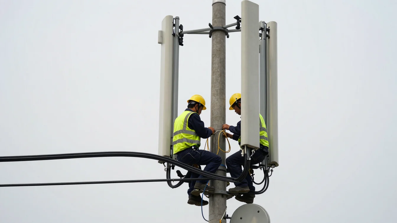 Documentary photo of telecommunication engineers servicing fiber