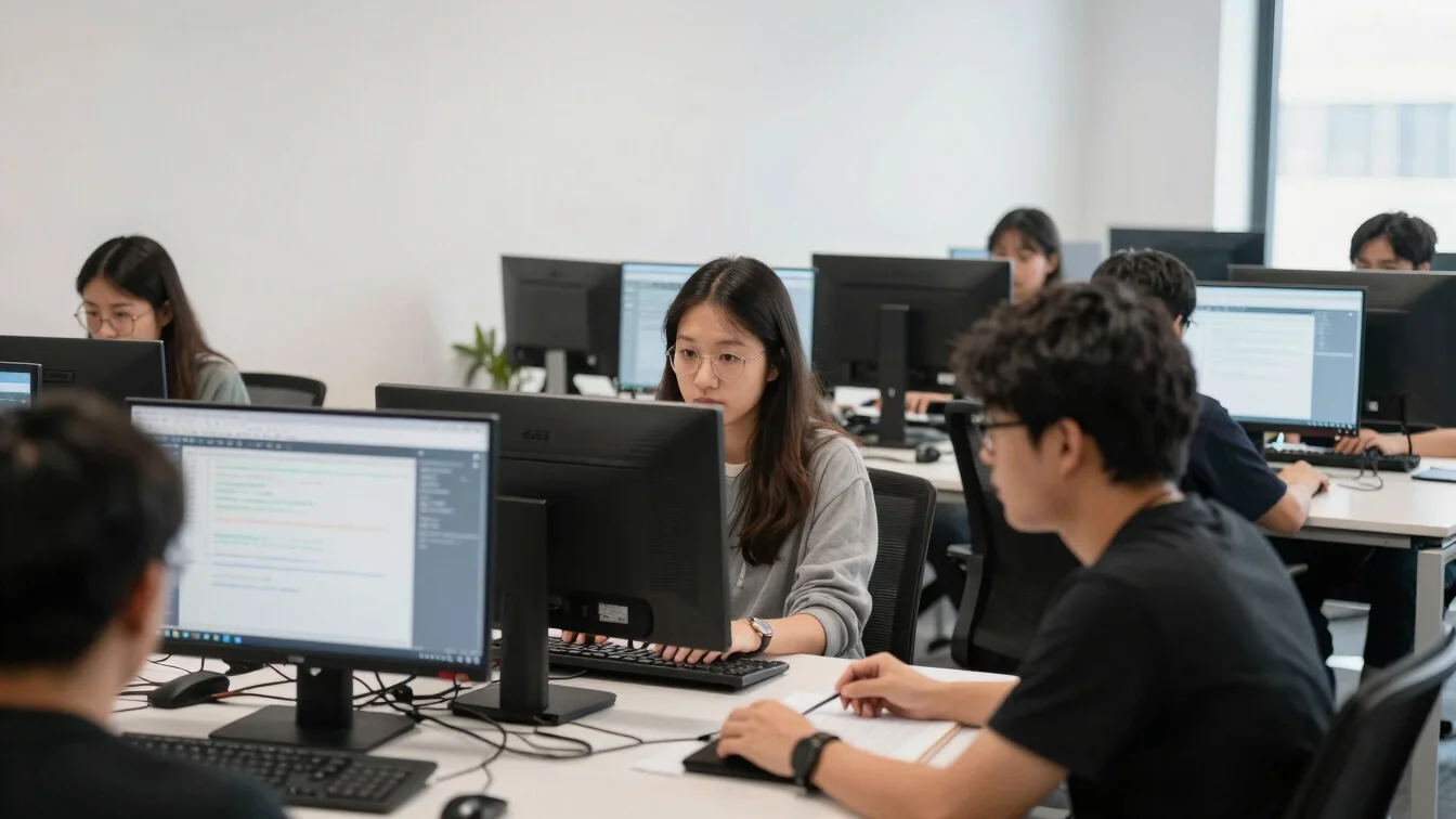 Documentary over-the-shoulder shot of software developers collabo