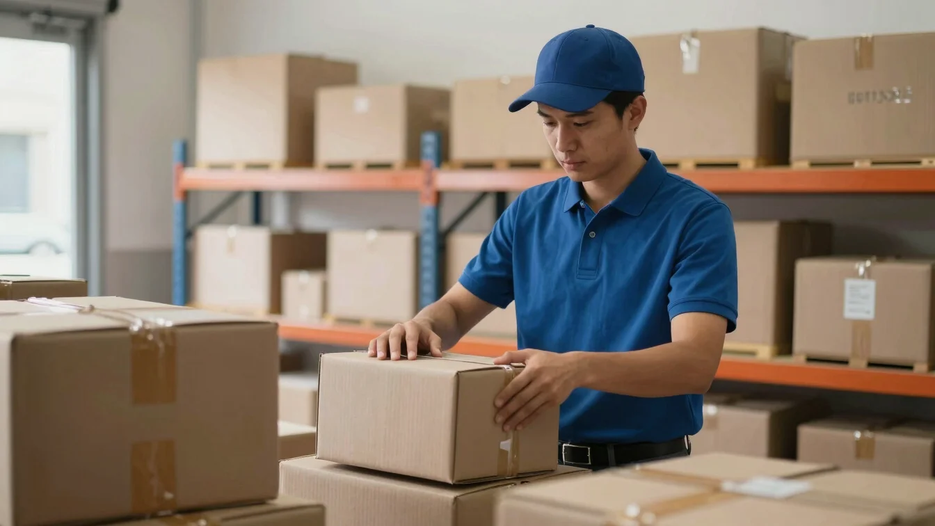 Documentary shot of a courier sorting packages inside a brightly