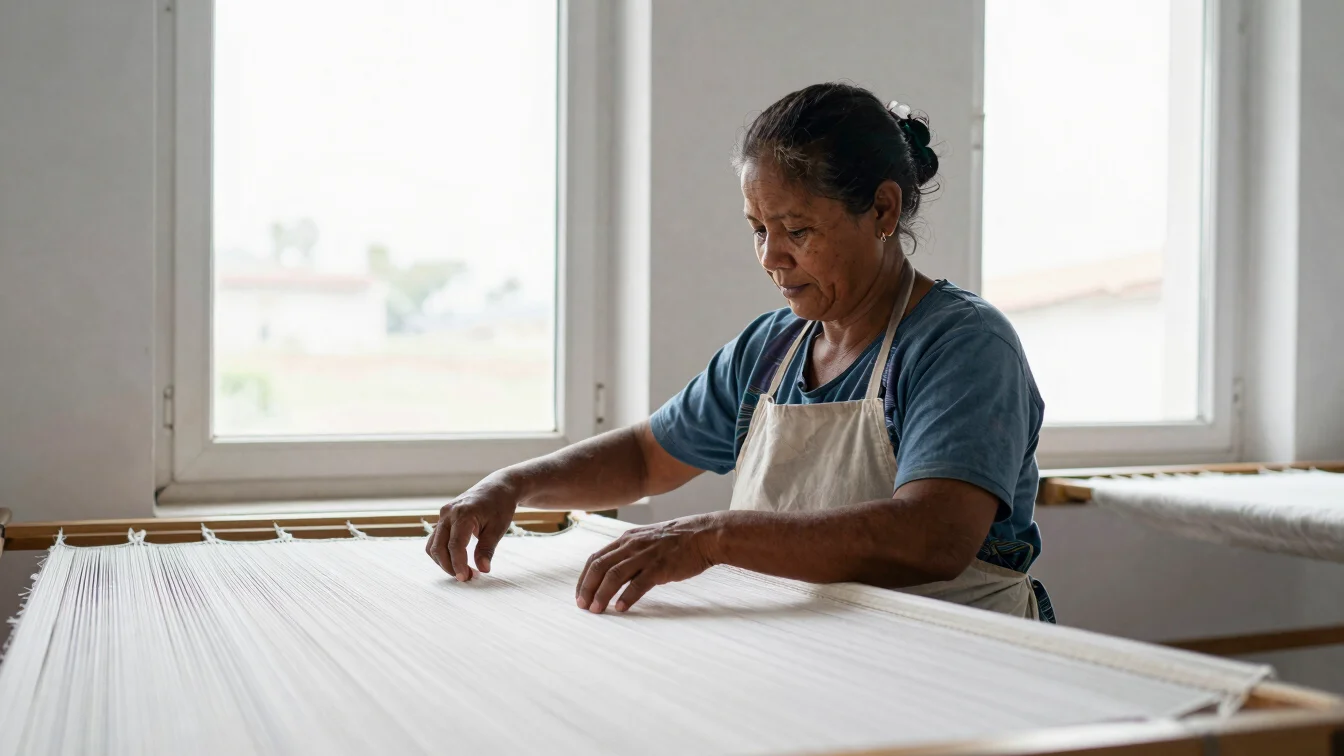 Documentary portrait of a textile worker inspecting woven cotton