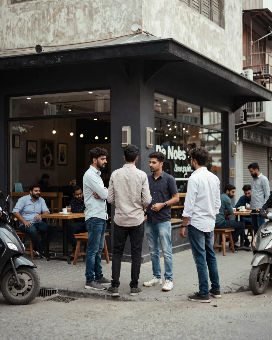 Documentary photograph of a busy street corner in Lahore with young professionals talking outside a modern cafe under so